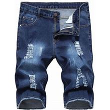 Xflwam Denim Shorts For Men Slim Fit Distressed Straight Fit Ripped Jean Shorts Casual Summer Floral Embroidery Half Shorts Jeans Dark Blue 4XL