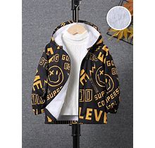 Young Boy Letter Graphic Thermal Lined Hooded Coat Without Sweater,4Y