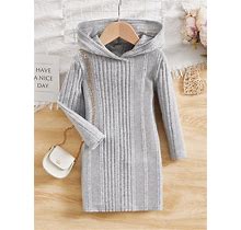 Young Girl Ribbed Knit Hooded Dress,3-4Y