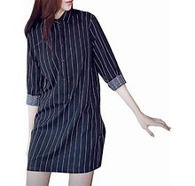 Women Lapel Stripe Dress Casual Loose V Neck Fit Half Sleeve Short Swing Tunic Shift Dress T Shirt Mini Dress Black