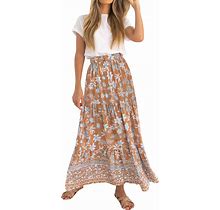 ZESICA Women's 2024 Bohemian Floral Printed Elastic Waist A Line Maxi Skirt With Pockets