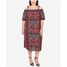 Lucky Brand Womens Navy Stretch Smocked Pocketed Tie-Shoulders Printed Elbow Sleeve Off Shoulder Midi Cocktail Peasant Dress Plus 2X