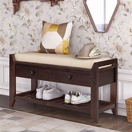 Entryway Bench With Shoe Storage And Bench Cushion,Storage Bench With Drawers-Espresso - Brown