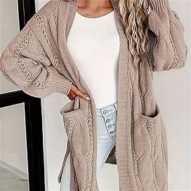 Plus Size Solid Color Pocket Cardigan Collar Sweater Cardigan, Women's Elegant Cable Knit Long Sleeve Open Front Medium,Apricot,Must-Have,Temu