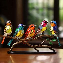 Stained Glass Birds On Branch Desktop Ornaments,Double Sided Multicolor Style Birds Colors Ornaments,D