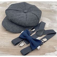 Gray Boy's & Men's Flat Hat , Applejack Newsboy Cap , Navy Blue Bow Tie And Dark Gray Suspenders , Wedding Ring Bearer Outfit