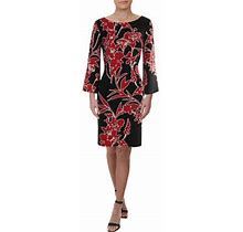 Ralph Lauren Womens Black Printed Bell Sleeve Jewel Neck Above The Knee Shift Evening Dress Size: 14
