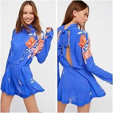 Free People Dresses | Free People Gemme Floral Blue Tunic Long Sleeve Mini Dress | Color: Blue/Red | Size: M