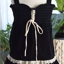 Vintage 70S Girls Velvety Smocked Black Dress Prairie Renaissance Peasant Lace-Up Size 4