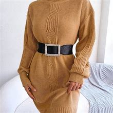 Solid High Neck Drop Shoulder Turtleneck, Women's Knitted Dress For Winter Fall Women's Clothing Turtleneck,Khaki,Hot Item,By Temu
