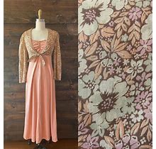 Vintage 70'S Maxi Dress Set / Sheer Floral Jacket / Green And Dusty Peach Suzette Dress Set