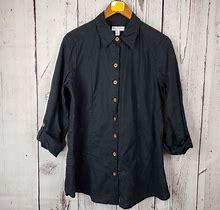 Kim Rogers Vintage Button Front Blouse Womens Size Petite Medium Wooden Buttons Roll Tab Sleeves Linen Black