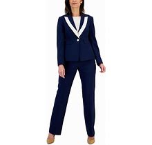 Le Suit Women's Contrast-Trim Peak-Lapel Pantsuit, Regular And Petite - Indigo/Vanilla Ice - Size 6