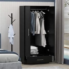 Black 2-Door Wardrobe Armoire With 1-Drawers And Hanging Rod 66.9 in. H X 31.5 in. W X 18.9 in. D
