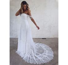 A-Line Off-The-Shoulder Tulle Long Lace Sleeveless Wedding Dress