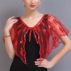 Retro 1920S Beaded Sequin Shawl Flapper Wraps Evening Dress, Prom Dress, Formal Dresses Cape Leaf Embroidery Shawls Party,Red,All-New,Temu