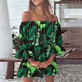 Vkekieo Beach Dresses For Women Sun Dress Off-The-Shoulder Short Sleeve Floral Green XXL