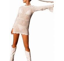 Karuedoo Women Crochet Knit Dress Long Sleeve Backless Crochet Striped Hollow Out Bodycon Mini Dress Beachwear Sundress Beige M