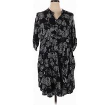 Avenue Casual Dress - Shirtdress Collared 3/4 Sleeve: Black Paisley Dresses - Women's Size 14 Plus