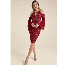 Women's Lace Midi Dress - Red & Nude, Size S By Venus