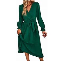 Long Sleeve Dress For Women Plain Ruffle Tiered Flowy Long Dress Wrap V Neck Casual Loose Fit Belted Spring Summer Dress Womens Clothes