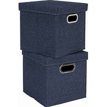 Collapsible Cotton Blend Cube Storage Box With Lid And Handle - 11.4"L X 11.4"W X 11.0"H - Blue