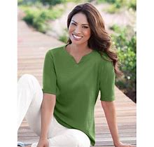 Appleseeds Women's Green Coastal Cotton Notched Neckline Elbow-Sleeve Tee - - Xl - Misses Size 26
