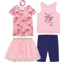 Btween Girls 4 Pack Floral Fashion Summer Clothes Set - Tutu Skirt Tank Top Short Sleeve And Biker Shorts