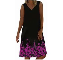 Lovskoo 2024 Mini Dresses For Women Summer Boho Dress Sleeveless Printing V Neck Ladies Vest Tank Dress Purple