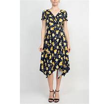 Perceptions V-Neck Short Sleeve Gathered Side Floral Print ITY Dress-NAVY Yellow / L