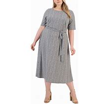 Kasper Plus Size Printed Fit & Flare Tie-Waist Knit Midi Dress - Cerise Multi