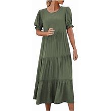 Tagold Summer Dresses For Women 2022, Women's Summer Casual Boho Dress Floral Print Ruffle Puff Sleeve Solid High Waist Midi Beach Dresses Army Green