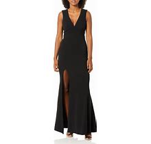 Dress The Population Women's Sandra Plunging Thick Strap Solid Gown With Slit Dress