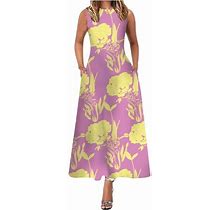 Zqgjb Summer Casual Dresses For Women Boho Floral Print Sleeveless Cutout O Neck Long Pocket Dress Casual Beach Sundress Baggy Hem Maxi Dress Pink L