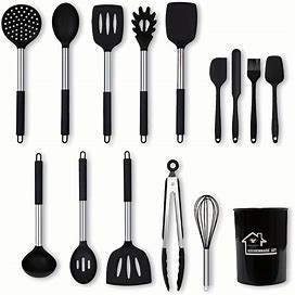 15Pcs/Set, Kitchen Cooking Utensils Set With Holder, Gray Silicone Utensil Sets With Stainless Steel Handle, Nonstick Kitchen Tools With,Temu