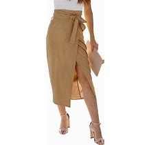 Kalssior Womens High Waisted Tie Wrap Midi Skirts Chic Side Slit Plain Casual Summer Long Skirt