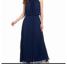 Msk Dresses | Msk Navy Pleated Halter Dress | Color: Blue/Gold | Size: Petite Medium