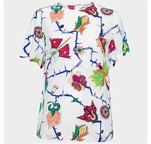 Emilio Pucci Women's White Printed Silk Round Neck Short Sleeve Top Small