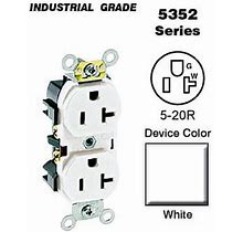 Leviton 5352-W Duplex Receptacle Industrial Grade 5-20R 20A 125V Bands 8 Hole Feed-Thru Wired - White