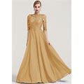 STACEES Mother Of The Bride Dress A-Line Bateau Half Sleeve Long Chiffon Beading Appliqued - Gold