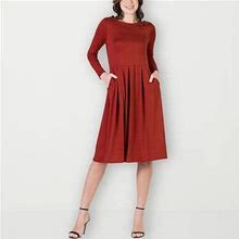 24Seven Comfort Apparel Long Sleeve Midi Fit + Flare Dress | Brown | Womens 1X | Dresses Fit + Flare Dresses