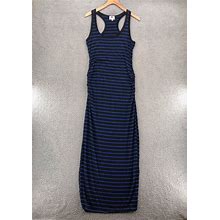 One Clothing Dress Womens Medium Blue Striped Maxi Racerback Ruched Stretch Knit