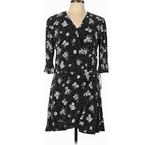 Ann Taylor LOFT Casual Dress V-Neck 3/4 Sleeve: Black Floral Motif Dresses - Women's Size 10