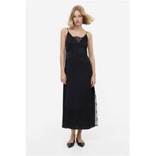 Ladies - Black Lace-Trimmed Satin Dress - Size: L - H&M