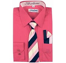 Berlioni Italy Toddlers Kids Boys Long Sleeve Dress Shirt Set With Tie & Hanky Coral 14
