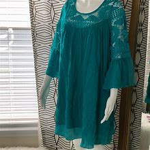 Boho Teal Floral Lace Babydoll Bell Sleeve Dress | Color: Blue/Green | Size: L