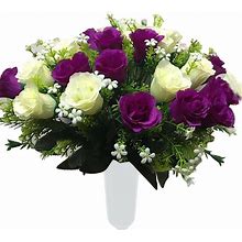 Gritech Artificial Cemetery Rose Flowers For Outdoor Grave Decorations & Memorials- Beautiful Arrangements For Headstones (1, Purple/White)