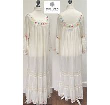 Vintage 70S Inspired Boho Peasant Hand Embroidered Cotton Mexican Wedding Gauze Crochet Trim Maxi Dress With Fluted Sleeves L U.K. 14 US 10