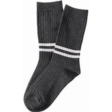Lian Lifestyle Big Girl's 3 Pairs Cotton Blend Crew Socks Striped Hr1790 Casual Size L/Xl 3 Colors Style 02(Dark Grey, Cream, Navy)