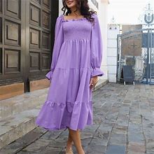 Jngsa T-Shirt Dress Women,Women's 2023 Flowy Tiered Midi Dress Casual Long Sleeve Crew Neck High Waist Dress Smocked Square Neck Regular Dress Purple